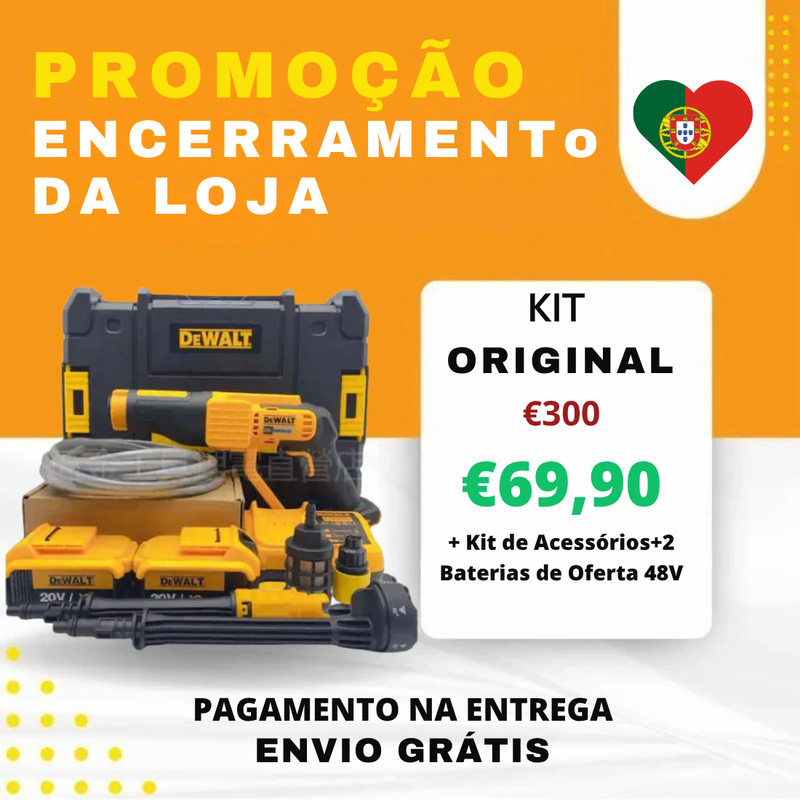 KIT DEWALT ORIGINAL: MÁQUINA DE LAVAR DE ALTA PRESSÃO PORTÁTIL + KIT DE ACESSÓRIOS + 2 BATERIAS 48V GRÁTIS